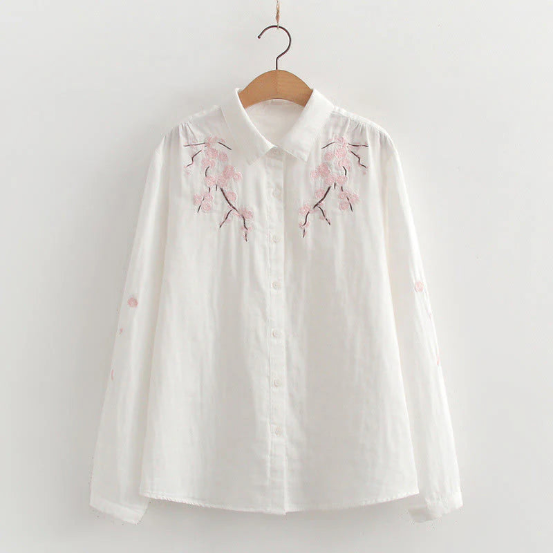 Buddha Stones Fall Pink Plum Blossoms Embroidery Buttons Women's Cotton Long Sleeve Shirt