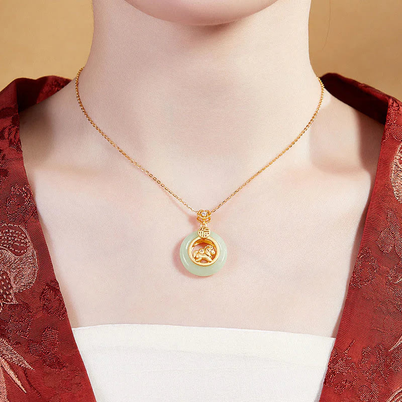 Buddha Stones 925 Sterling Silver Year Of The Horse Hetian Jade Peace Buckle Luck Necklace Pendant