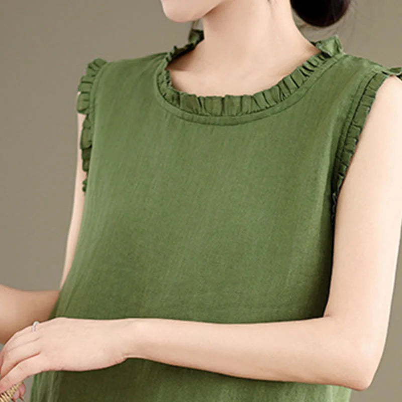 Buddha Stones Summer Ruffled Design Drawstring Crew Neck Cotton Linen Women's Sleeveless Vest