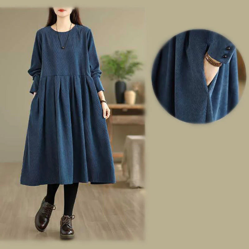 Buddha Stones Fall Plain DarkBlue Long Sleeve Corduroy Midi Dress With Pockets