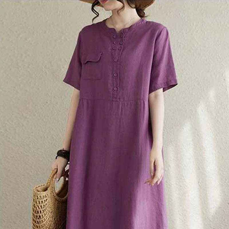 Buddha Stones Stand Collar Buttons Design Linen Short Sleeve Midi Dress With Pockets