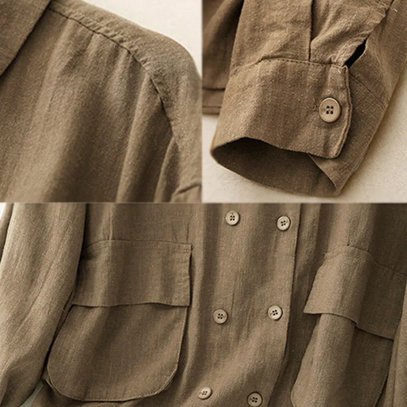 Buddha Stones Double‑Breasted Design Long Sleeve Women's Cotton Jacket With Pockets