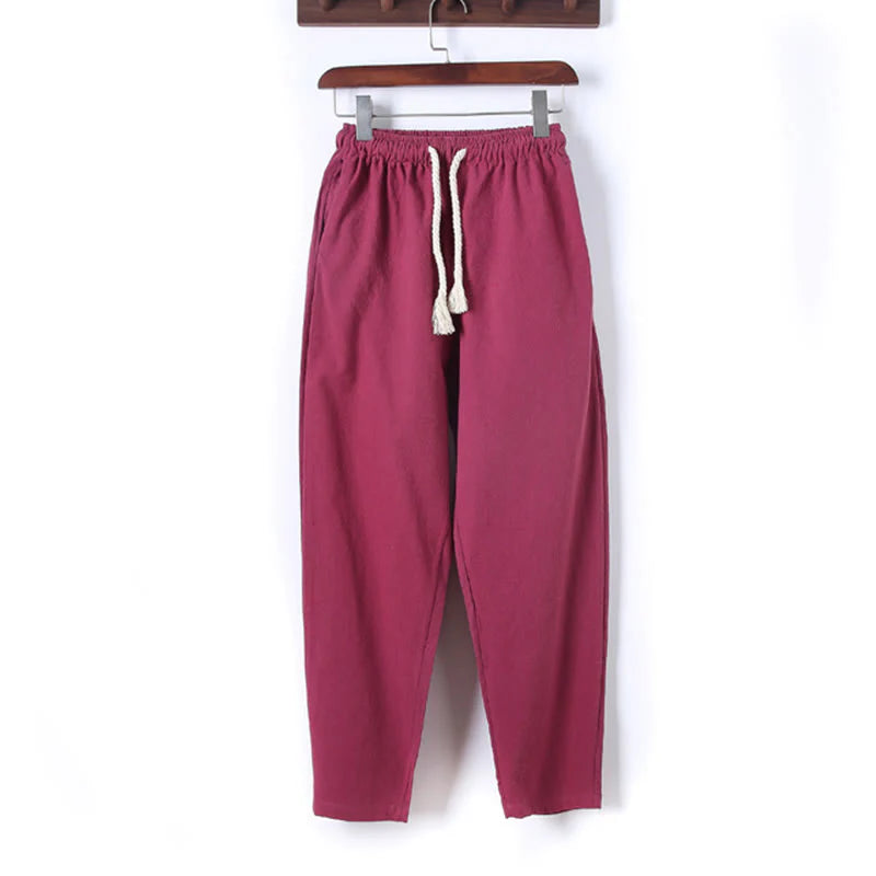 Buddha Stones 2Pcs Solid Color Men's Frog-Button Long Sleeve Cotton Shirt Pants Set With Pockets
