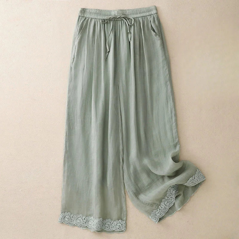 Buddha Stones Causal Vintage Plain Drawstring Lace Patchwork Design Women's Wide Leg Cotton Elastic Waistband Pants With Pockets