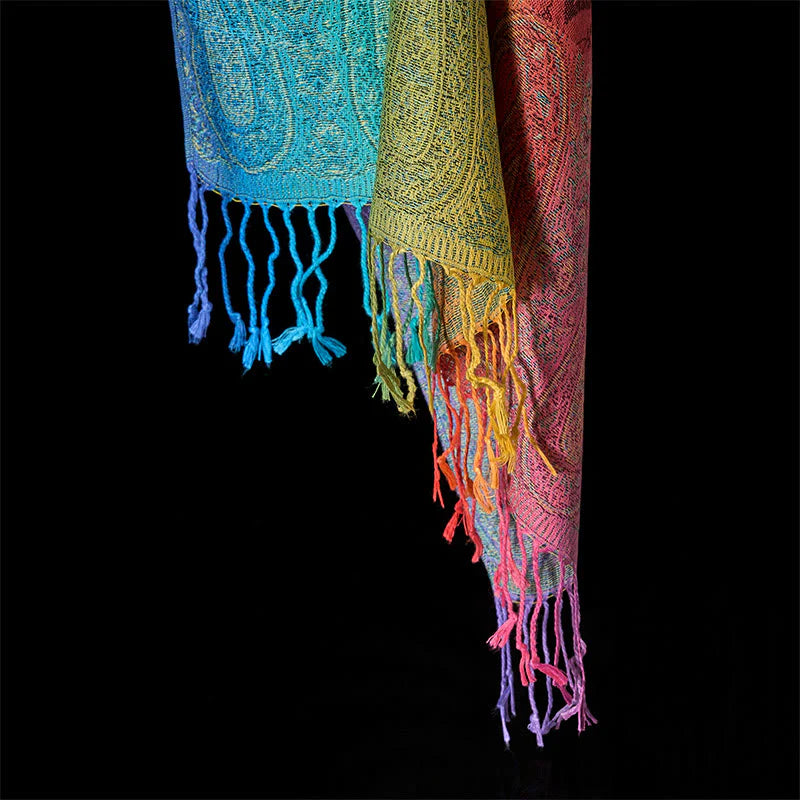 Buddha Stones Spring Colorful Gradient Cashew Flower Pattern Tassel Cozy Scarf Shawl