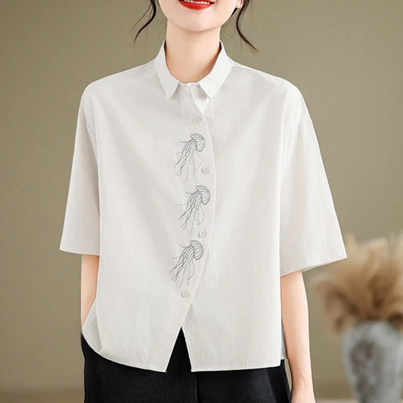 Buddha Stones Casual Women's Embroidered Jellyfish Pattern Stand Collar Buttons Design Half Sleeve Cotton Shirt
