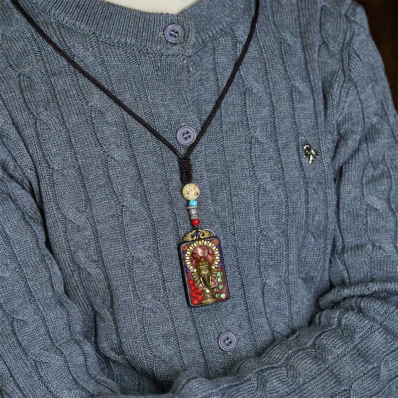 Buddha Stones Tibetan Ganesh Ganpati Elephant Ebony Wood Rope Peace Necklace Pendant