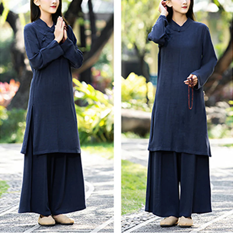 Buddha Stones 2Pcs Plain Long Sleeve Zen Yoga Clothing Meditation Clothing Top Pants Women's Set (Extra 30% Off | USE CODE: FS30)