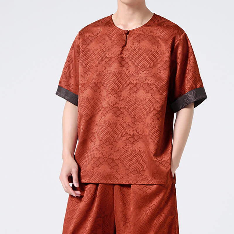 Buddha Stones Summer Retro Crackle Auspicious Cloud Pattern Short Sleeve Men's T-shirt