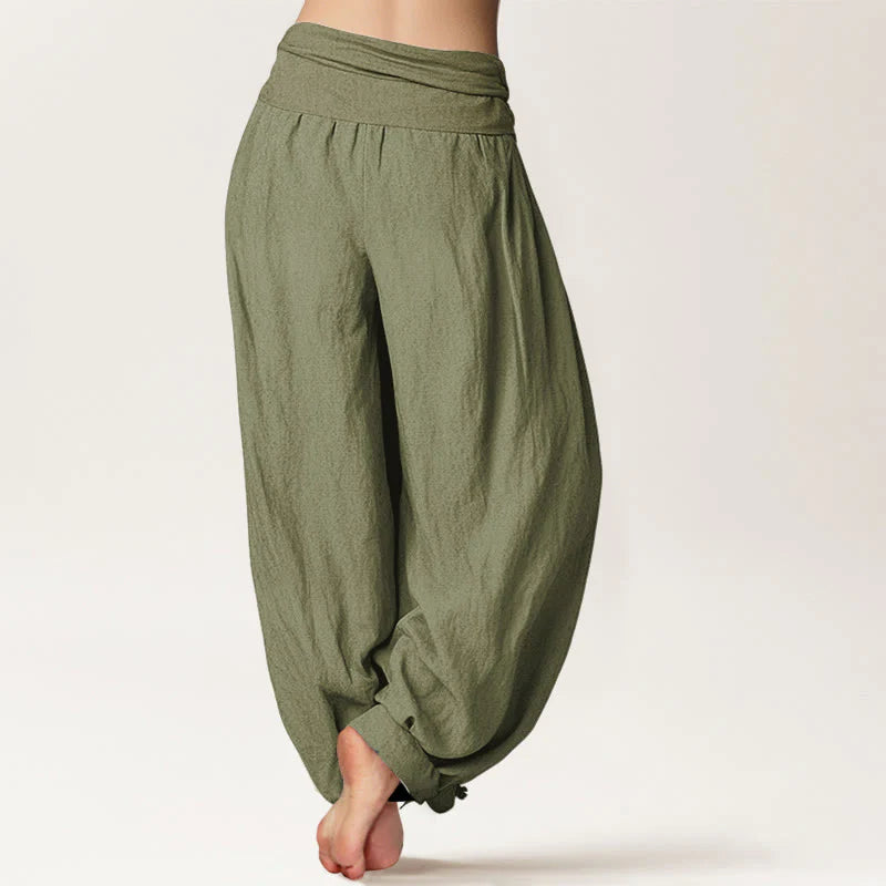 Buddha Stones Plain Crane Auspicious Clouds Pattern Women's Elastic Waist Harem Cotton Pants