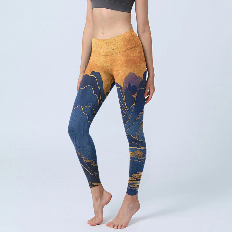 Buddha Stones Dark Blue Mountain Sunset Print Fitness Leggings Women's Yoga Pants