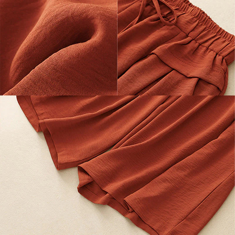 Buddha Stones Causal Ethnic Simple Drawstring Design Women's Wide Leg Cropped Pants With Pockets