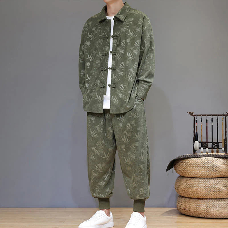 Buddha Stones 2Pcs Winter Thick Bamboo Men's Tang Suit Frog-Button Cotton Corduroy Long Sleeve Jacket Pants Set With Pockets