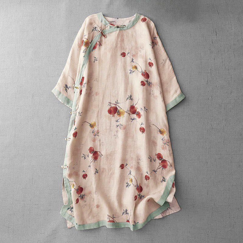 Buddha Stones Frog-Button Orchid Pomegranate Flowers Pattern Side Slit Design Half Sleeve Midi Dress