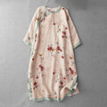 Buddha Stones Frog-Button Orchid Pomegranate Flowers Pattern Side Slit Design Half Sleeve Midi Dress