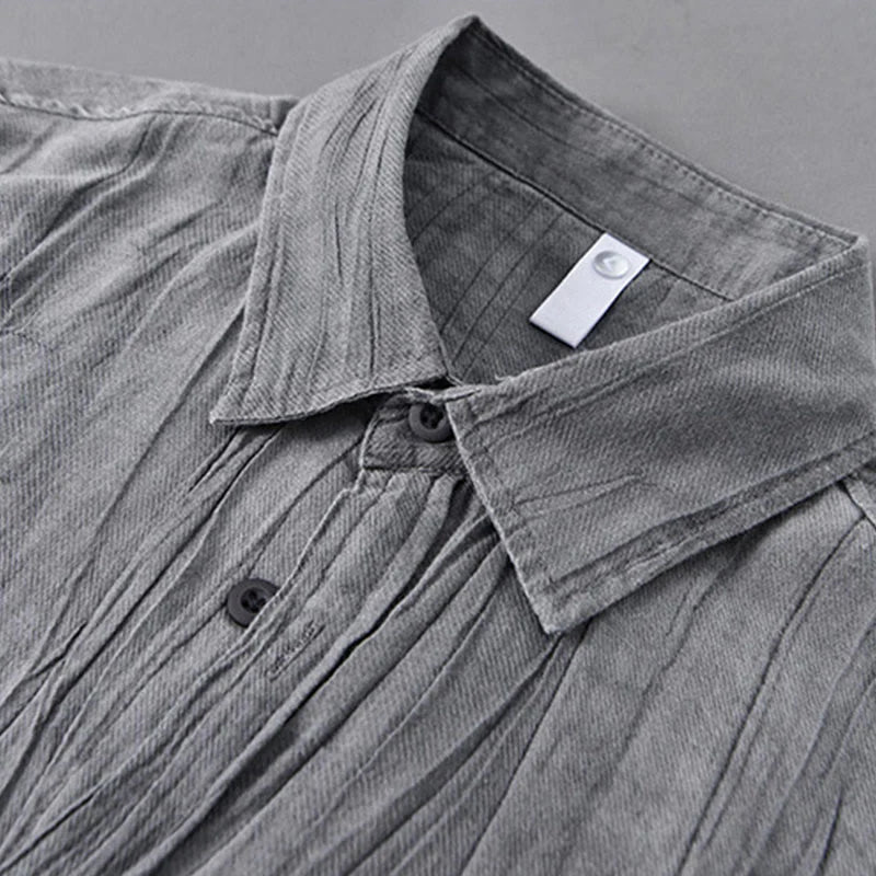 Buddha Stones Solid Long Sleeve Stand Collar Wrinkles Button Down Ramie Linen Men's Shirts