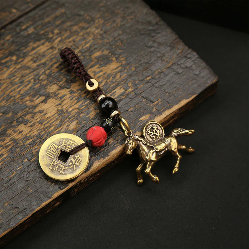 Buddha Stones Year Of The Horse Copper Brass Five-emperor Coins Pixiu Ward Off Evil Spirits Key Chain