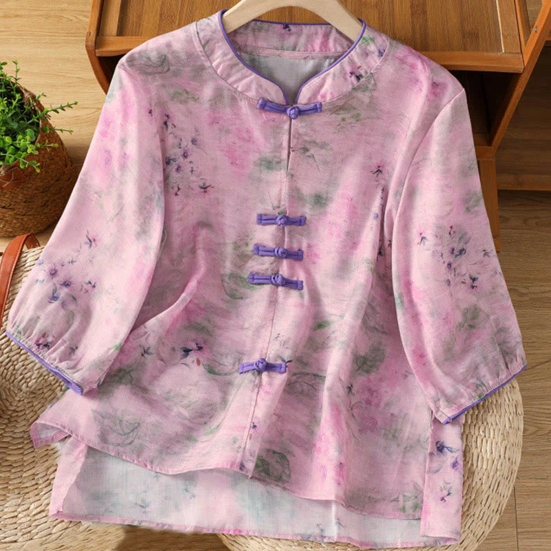 Buddha Stones Printing Floral Plain Chinese Frog-Button Women's Cotton Three Quarter Sleeve Shirt