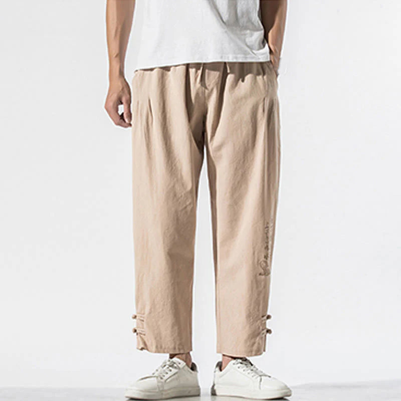 Buddha Stones Summer Chinese Characters Embroidery Men's Cotton Linen Pants With Pockets
