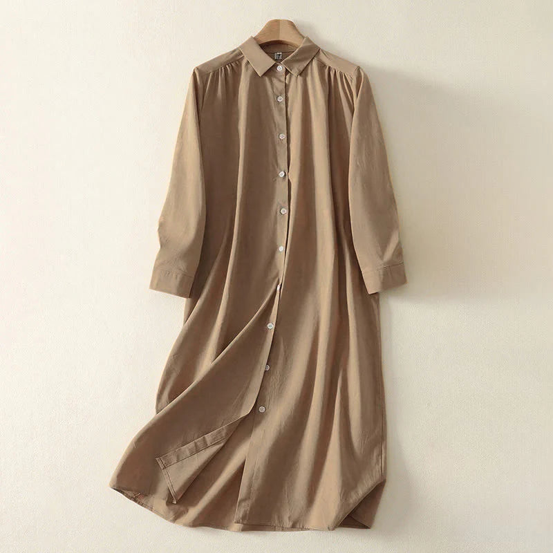Buddha Stones Fall Solid Color Lapel Buttons Long Sleeve Cotton Midi Dress With Pockets