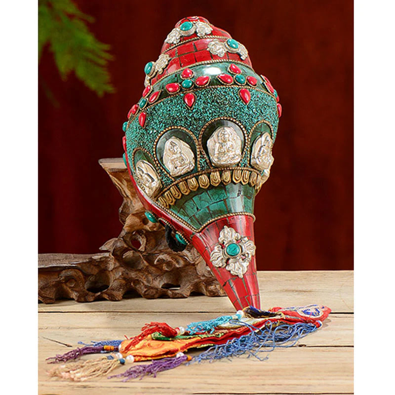 Tibetan Handmade Shankha Om Mani Padme Hum Buddha Avalokitesvara Turquoise Conch Shell Positive Decoration