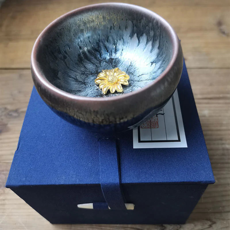 Buddha Stones 24K Gold Inlaid Sunflower Chinese Jianzhan Glaze Kiln Change Ceramic Teacup Tenmoku Kung Fu Tea Cup (Extra 35% Off | USE CODE: FS35)