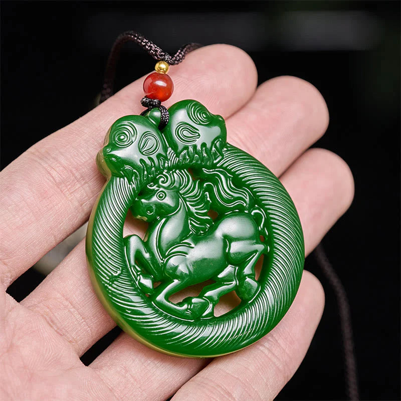 Buddha Stones Year Of The Horse Jade Prosperity Hollow Necklace Pendants