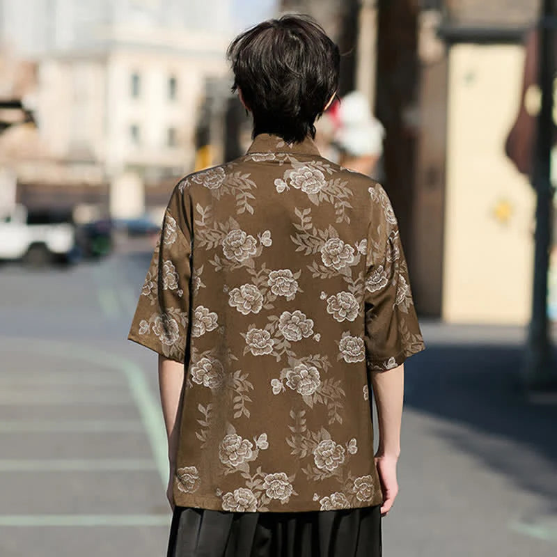 Buddha Stones Retro Frog Buttons Mandarin Collar Floral Jacquard Men's Short Sleeve Shirt