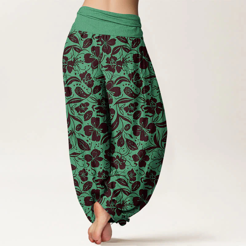 Buddha Stones Cotton Repeated Flowers Leaves Pattern Women's Elastic Waist Harem Pants