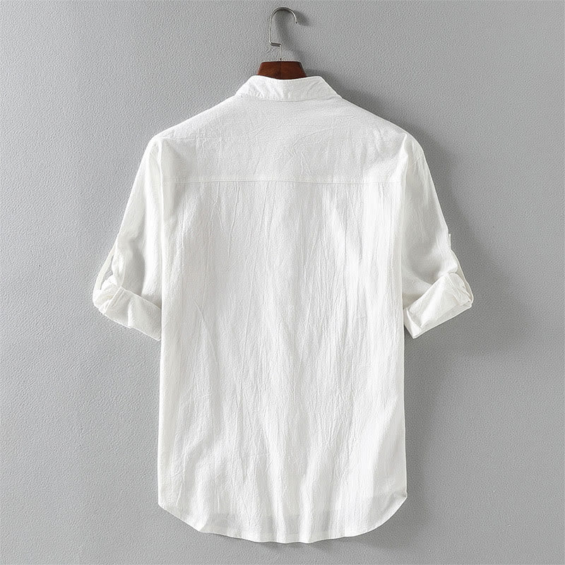 Buddha Stones Summer Solid Men's Buttons Half Sleeve Cotton Linen Shirt