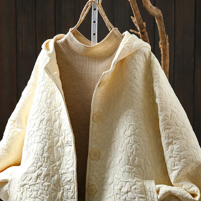Buddha Stones Fall Buttons Long Sleeve Mid-length Jacquard Cotton Women's Jacket With Pockets