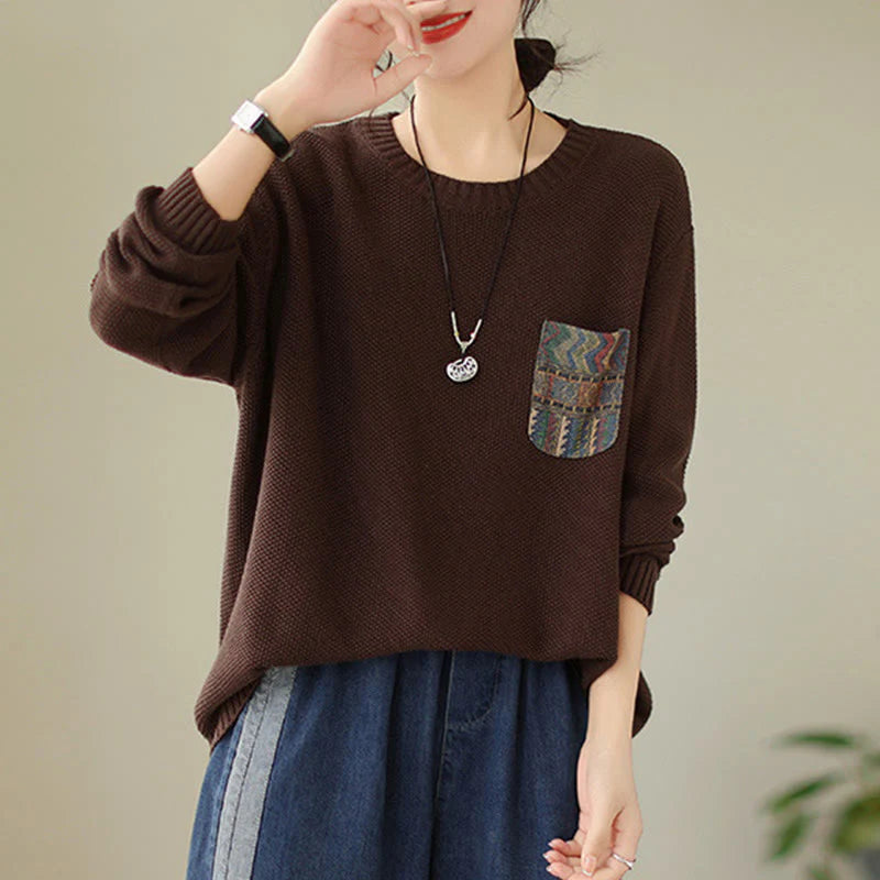 Buddha Stones Fall Floral Decorative Pocket Pattern Knitted Cotton Women's Long Sleeve Sweater