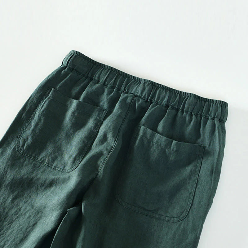Buddha Stones Fall Solid Drawstring Elastic Waist Men's Linen Ankle-Length Pants With Pockets