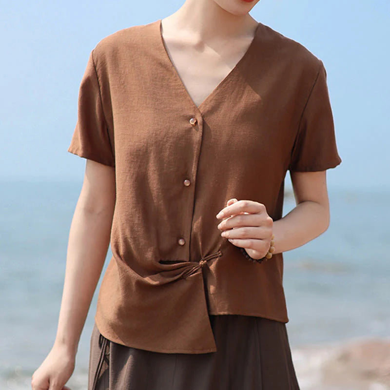 Buddha Stones Button Irregular Design V-Neck Cotton Linen Women's Short Sleeve Shirt