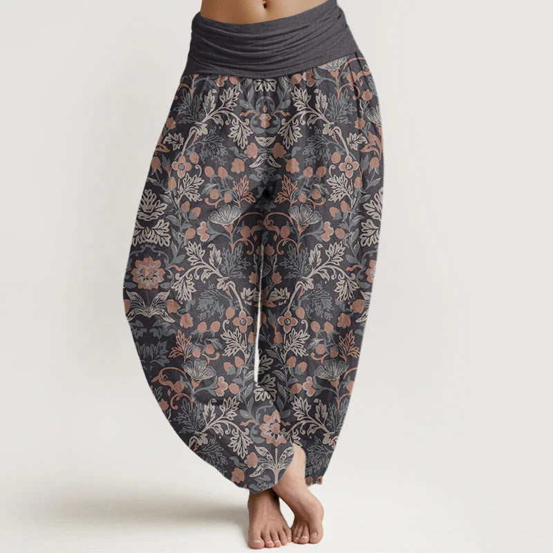 Buddha Stones Pure Cotton Casual Flower Vine Leaves Pattern Women's Elastic Waist Harem Pants