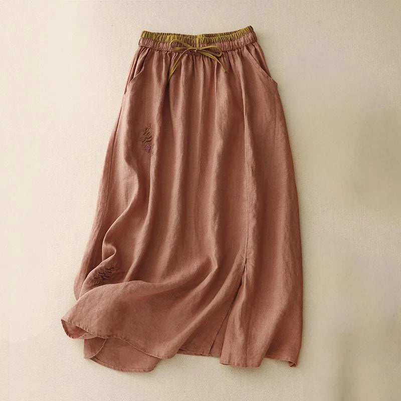 Buddha Stones Vintage Solid Embroidery Drawstring Women's Skirt With Pockets