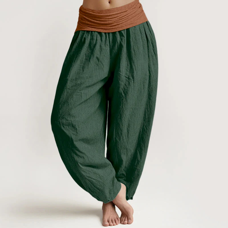 Buddha Stones Cotton Green Black Brown Red Solid Color Women's Elastic Waist Harem Pants