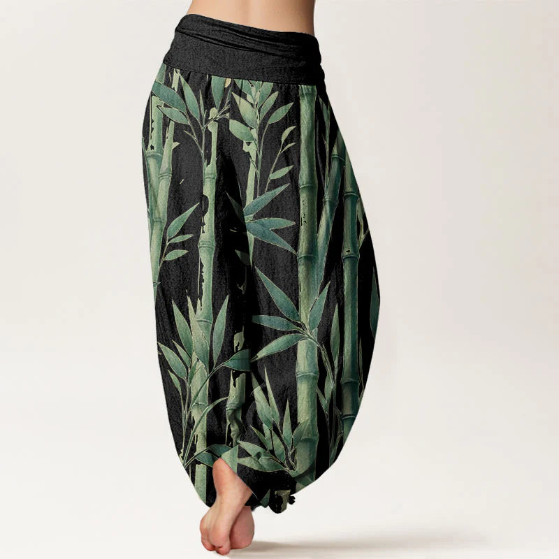 Buddha Stones Cotton Casual Bamboo Leaves Pattern Women's Elastic Waist Harem Pants