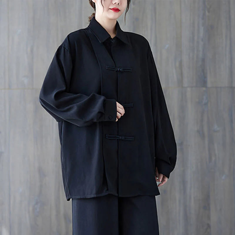 Buddha Stones Black Plain Frog-Button Lapel Women's Cotton Long Sleeve Shirt
