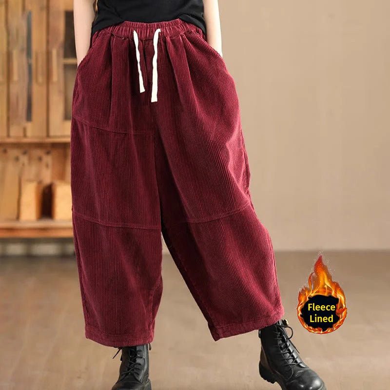 Buddha Stones Women's Drawstring Design Cotton Corduroy Thermal Fleece-Lined Pants With Pockets