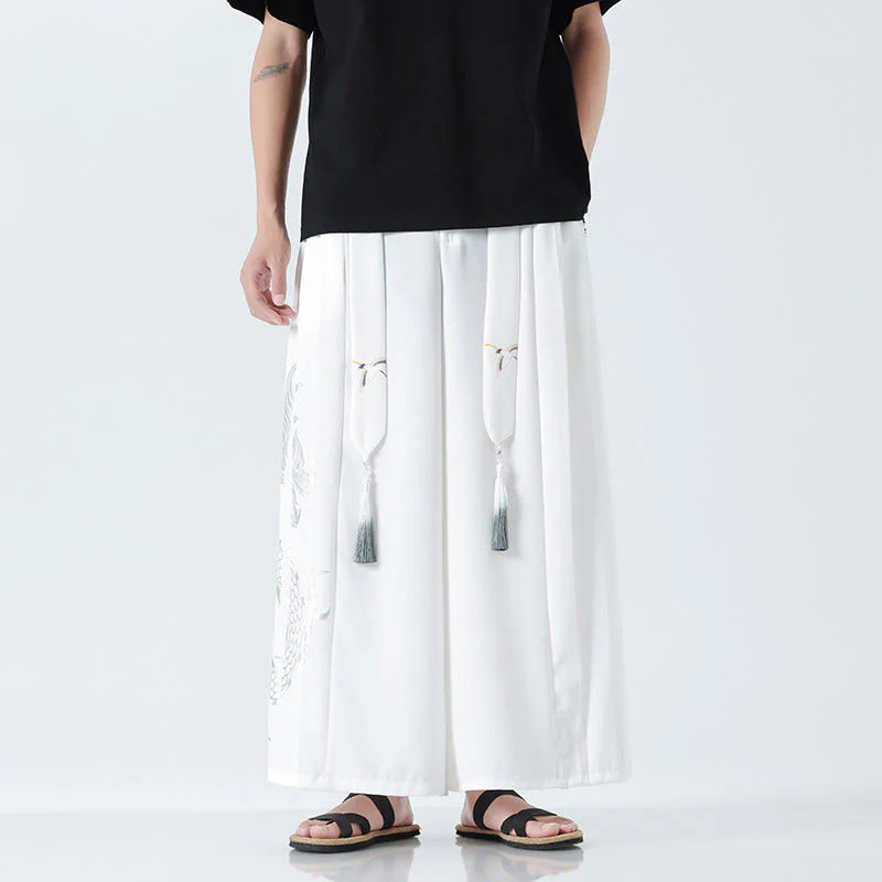 Buddha Stones Summer Dragon Drawstring Design Cotton Ankle-Length Men's Wide Leg Pants With Pockets