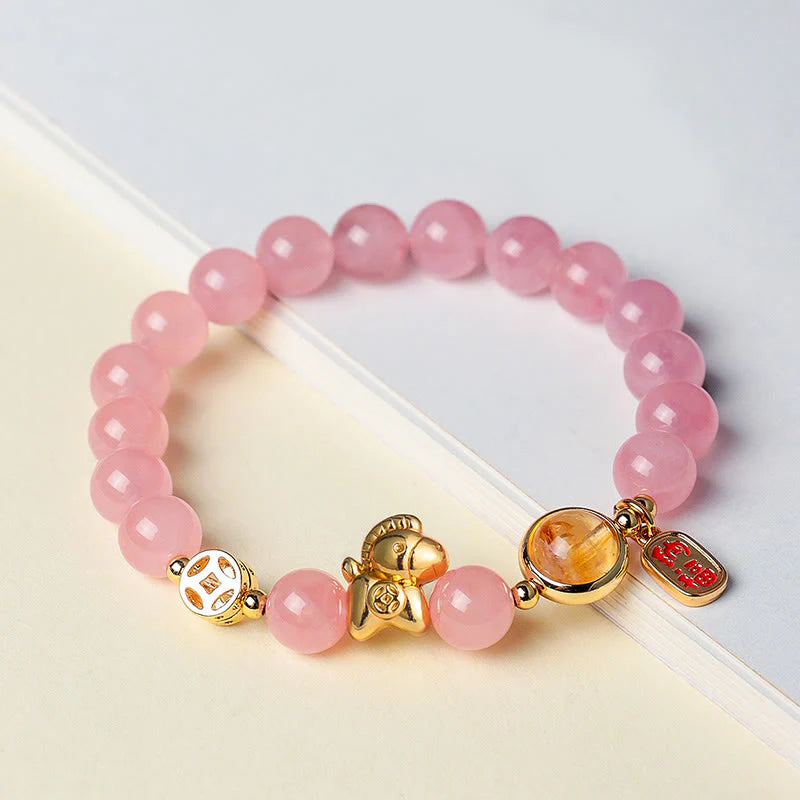 Buddha Stones Year Of The Horse Natural 8mm Black Obsidian Red Agate Pink Crystal Strength Bracelet