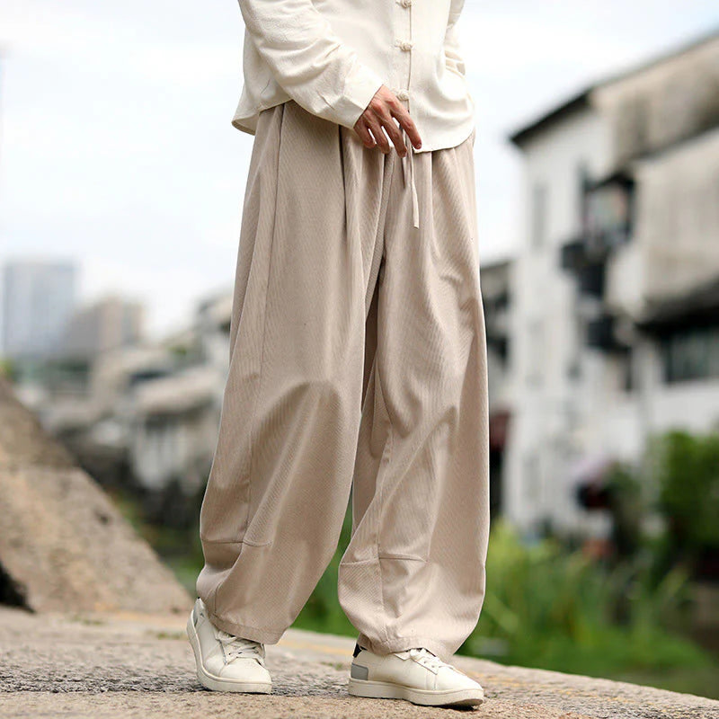 Buddha Stones Fall Solid Elastic Waist Drawstring Men's Harem Pants With Pockets