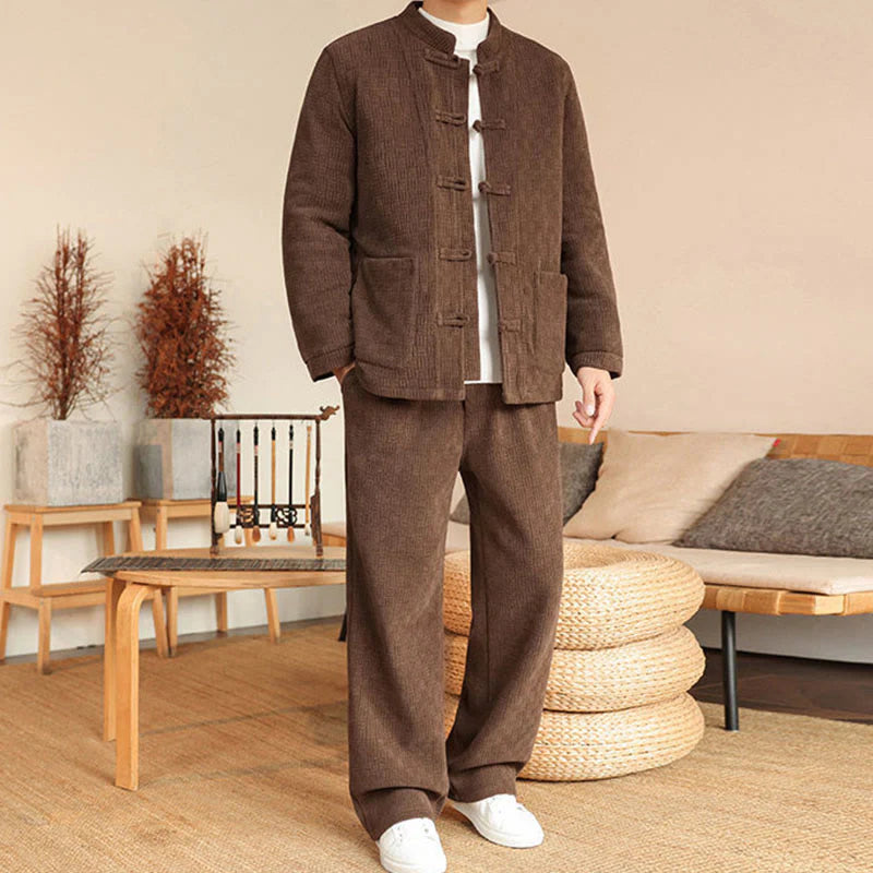 Buddha Stones 2Pcs Winter Solid Men's Tang Suit Frog-Button Cotton Long Sleeve Jacket Pants Set With Pockets