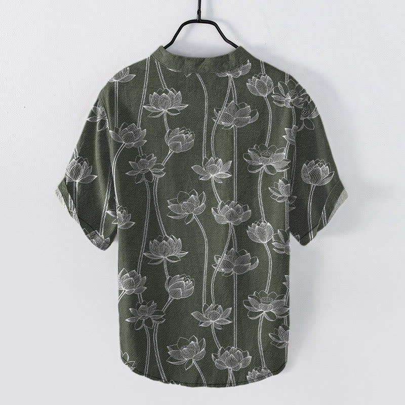Buddha Stones Cotton Harmonious Lotus Pattern Men's Short Sleeve Half Button Shirt