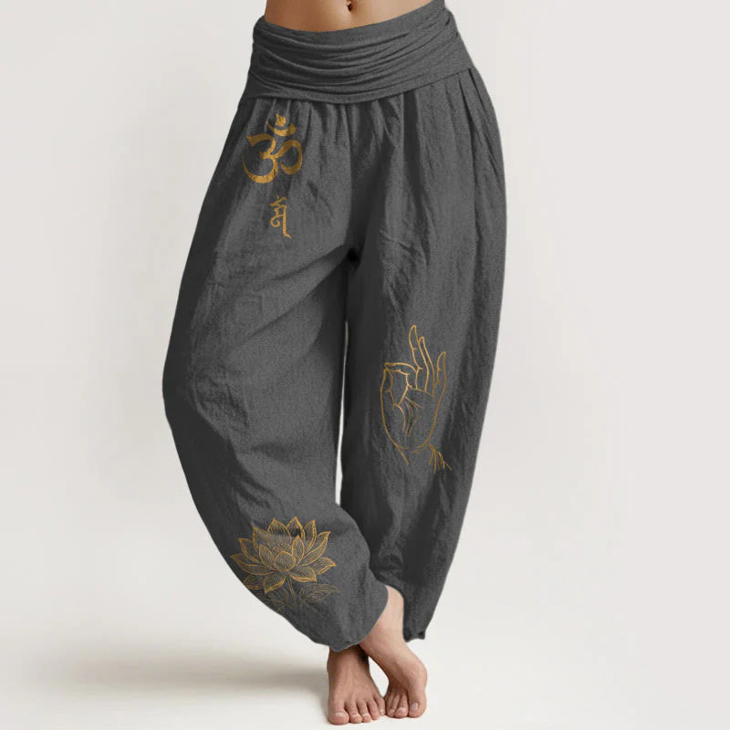 Buddha Stones Om Dhi Symbols Lotus Buddha's Hand Pattern Women's Elastic Waist Harem Cotton Pants