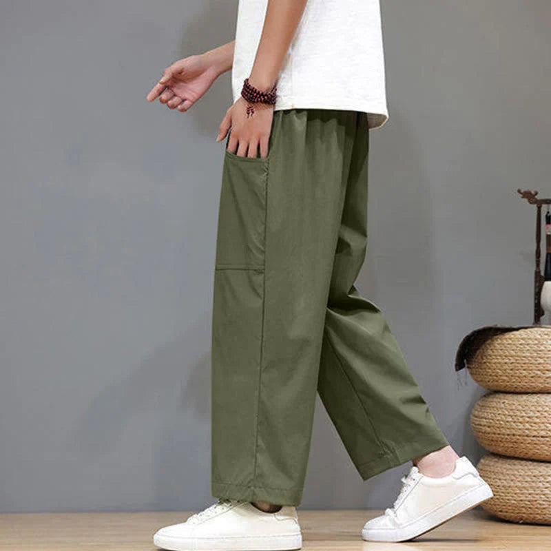 Buddha Stones Summer Solid Color Drawstring Straight Leg 7-8 Length Men's Pants With Pockets