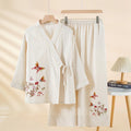 Buddha Stones 2pcs Colorful Floral Butterfly Long Sleeve V-Neck Shirt Pants Cotton Pajamas Set With Pockets