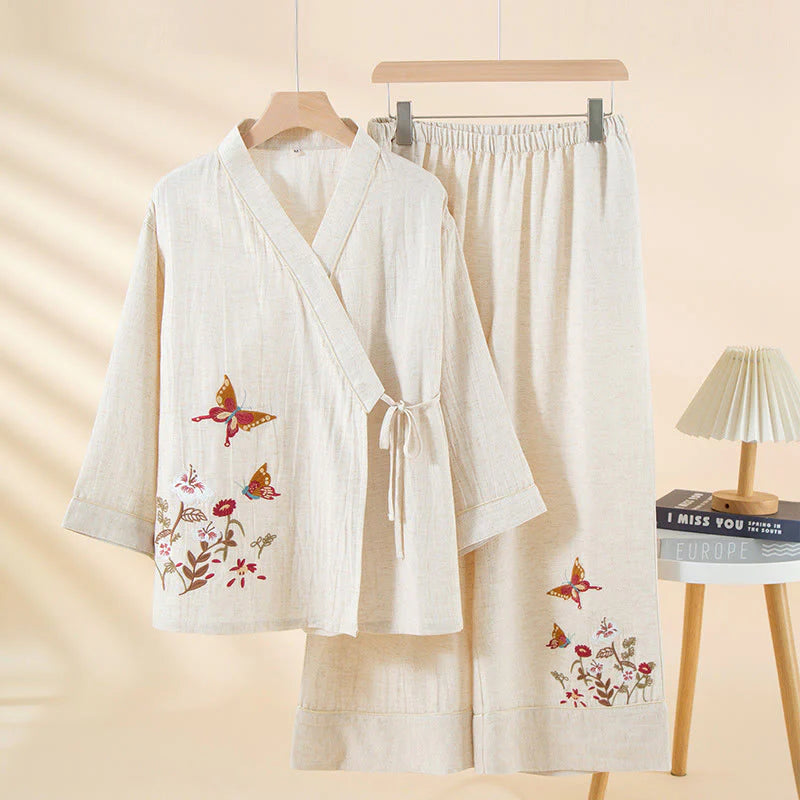 Buddha Stones 2pcs Colorful Floral Butterfly Long Sleeve V-Neck Shirt Pants Cotton Pajamas Set With Pockets