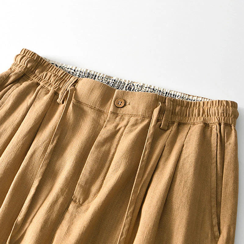 Buddha Stones Fall Solid Drawstring Zipper Men's Linen Wide Leg Pants With Pockets